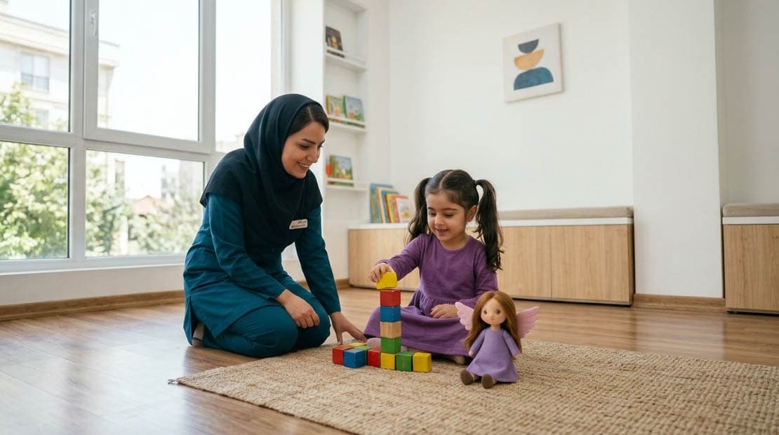 مراقب در حال بازی سازنده با دختر کوچک اتیسم