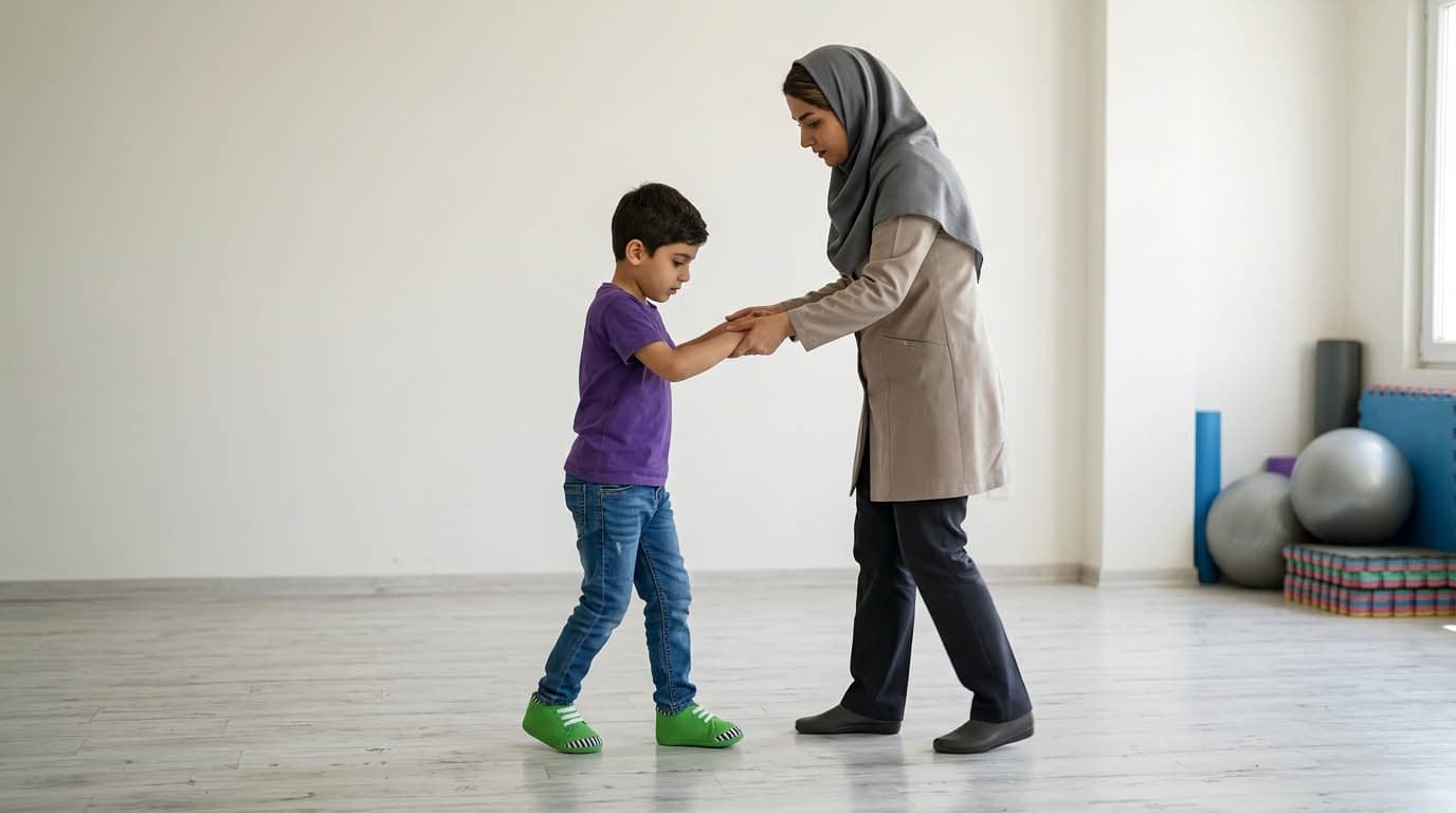 مربی در حال همراهی پسر کوچک در جلسه توانبخشی